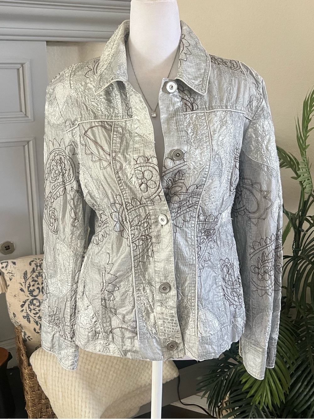 Chico's Light Gray Embroidered Metallic Jacket